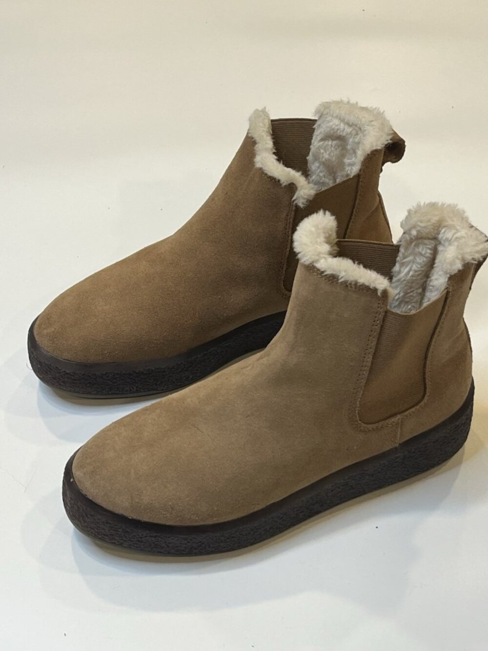 Madewell The Toasty Chelsea Boot Sz 8 Tan Suede Leather Faux Fur Lined